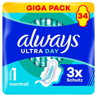 Always Ultra Day Binden, Normal mit Flügel, Giga Pack mit 34 Stück, Big Pack mit 24 Stück, 3-fach Schutz.